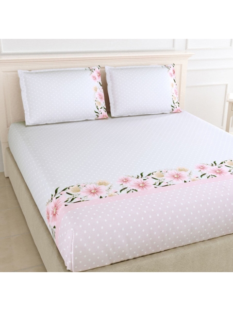 

haus & kinder Beige & Pink Floral 186 TC King Bedsheet with 2 Pillow Covers