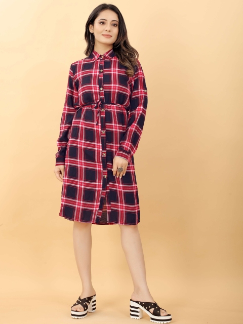 

RACHNA Womens Red & Black Checked Shirt Dress