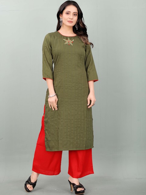 

RACHNA Women Olive Green Ethnic Motifs Embroidered Kurta with Palazzos