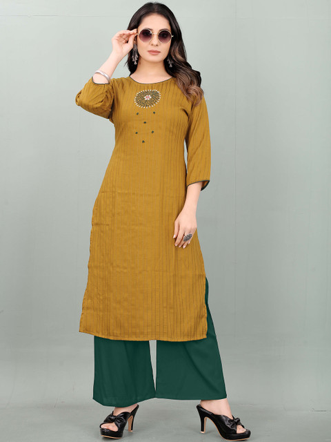 

RACHNA Women Mustard Yellow Ethnic Motifs Embroidered Kurti with Palazzos