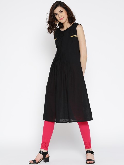 

Jashn Women Black Solid A-Line Kurta with Tucks