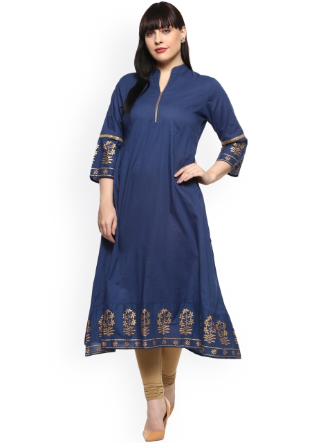 

Love More Women Navy Printed A-Line Kurta, Navy blue