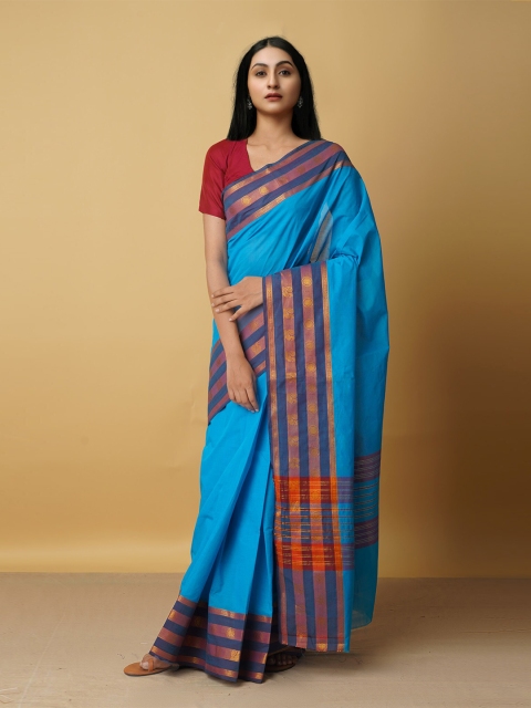 

Unnati Silks Blue & Red Woven Design Zari Pure Cotton Venkatgiri Saree