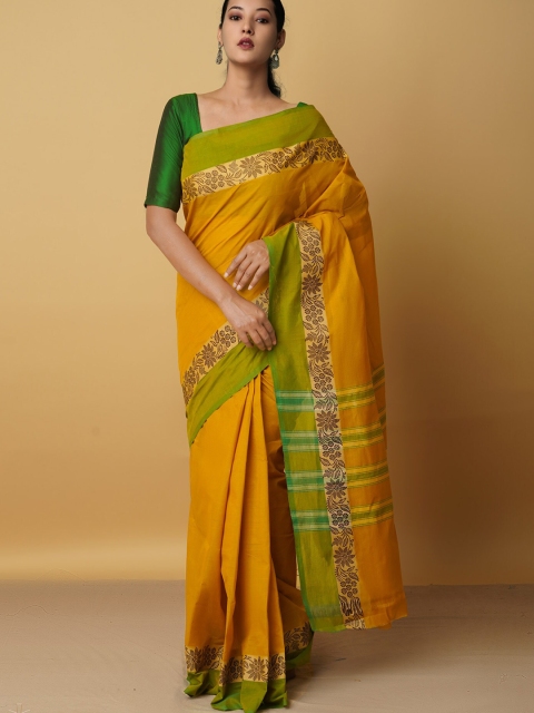 

Unnati Silks Women Woven Design Zari Pure Cotton Venkatgiri Saree, Yellow