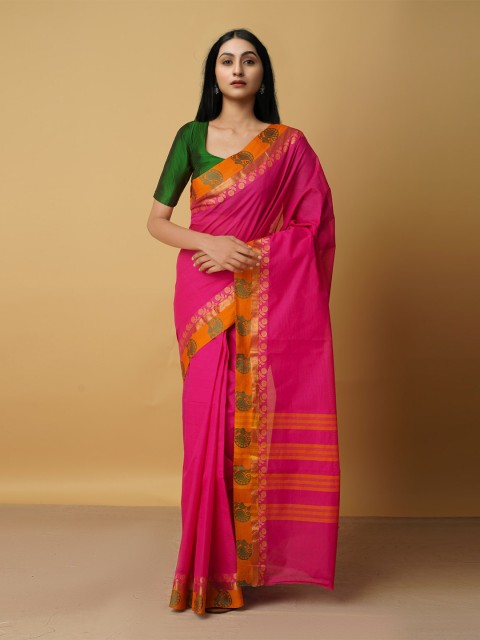 

Unnati Silks Pink & Orange Woven Design Zari Pure Cotton Venkatgiri Saree