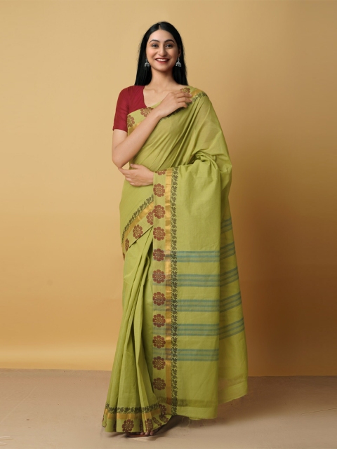 

Unnati Silks Green & Red Woven Design Zari Pure Cotton Venkatgiri Saree