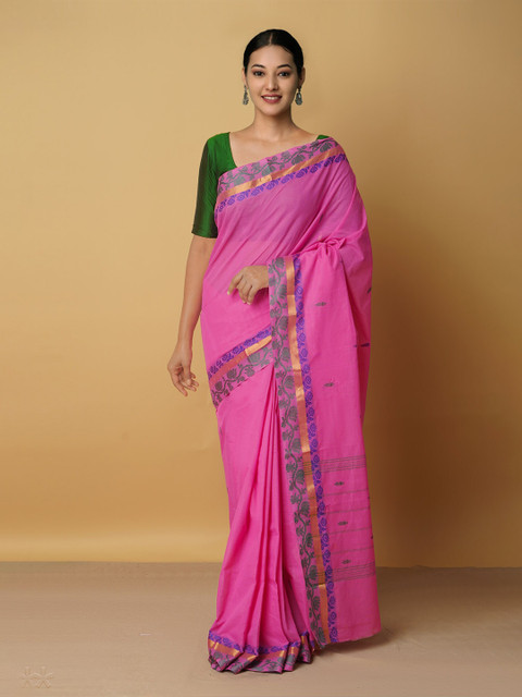 

Unnati Silks Pink Floral Zari Pure Cotton Venkatgiri Saree