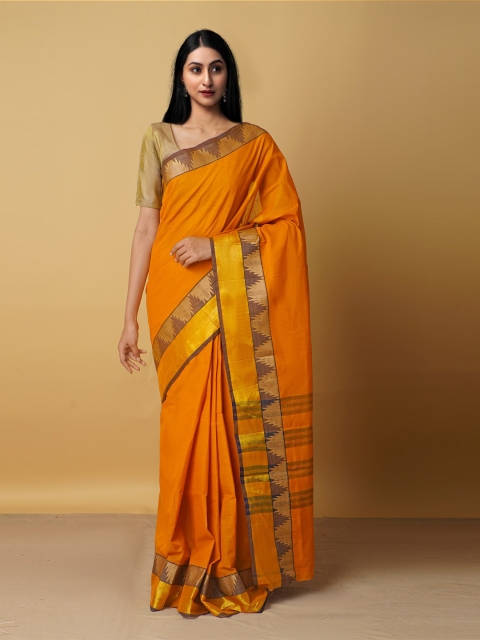 

Unnati Silks Orange & Grey Woven Design Zari Pure Cotton Venkatgiri Saree