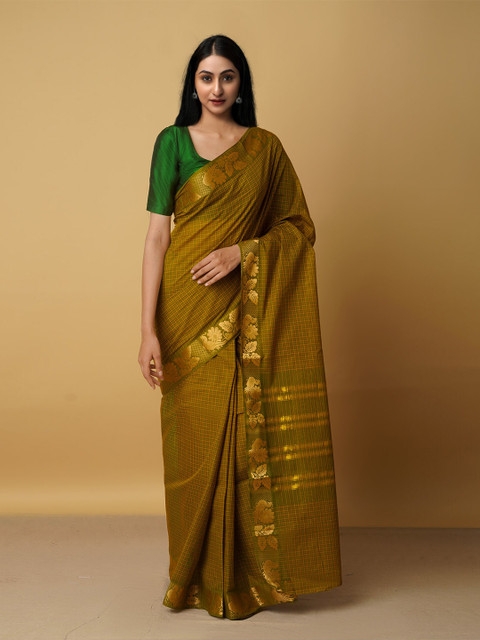 

Unnati Silks Green & Gold-Toned Woven Design Zari Pure Cotton Venkatgiri Saree