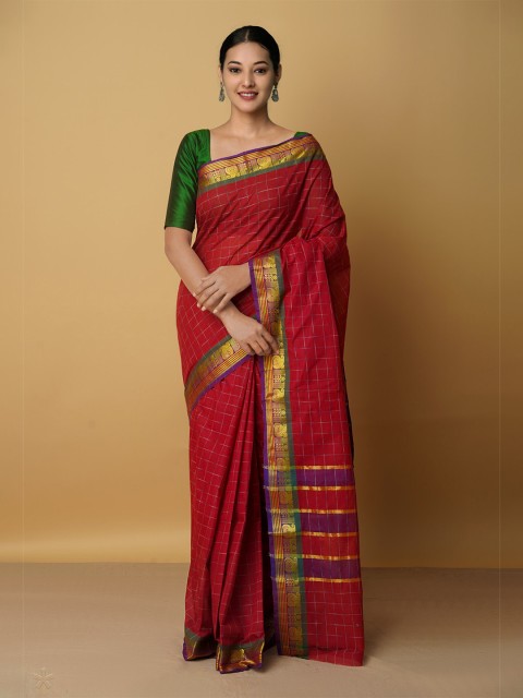 

Unnati Silks Maroon & Gold-Toned Checked Zari Pure Cotton Venkatgiri Handloom Saree
