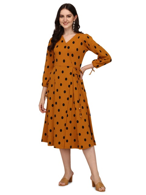 

JAPESH Yellow Polka Dot Printed Wrap Midi Dress