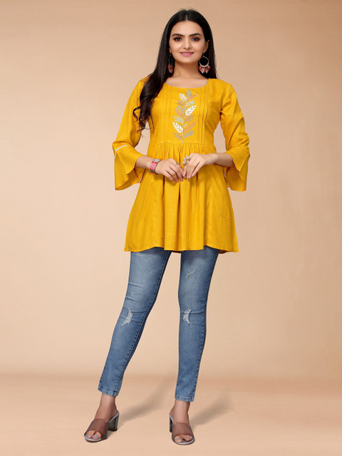 

KALINI Women Mustard Yellow Embroidered Bell Sleeves Longline Top
