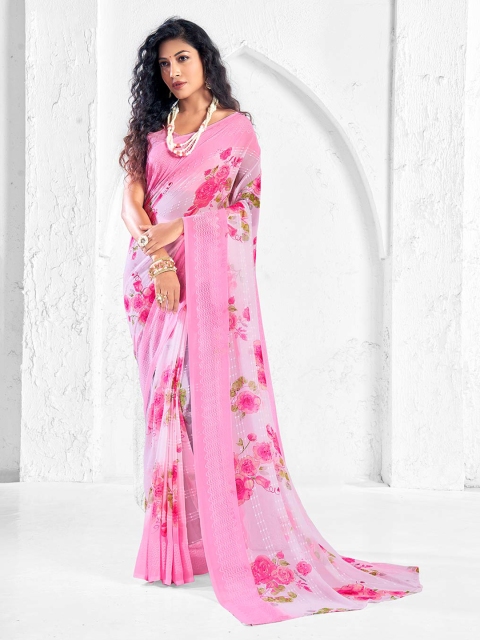 

Shaily Women Pink Floral Printed Schifli Work Georgette Saree