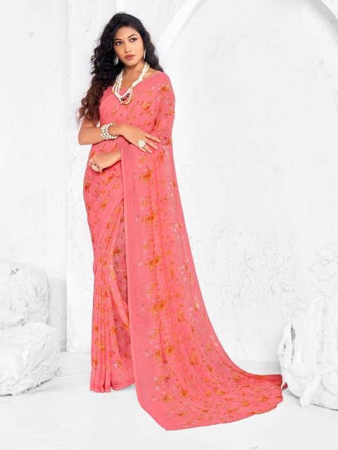 

Shaily Peach-Coloured & Yellow Floral Pure Georgette Saree