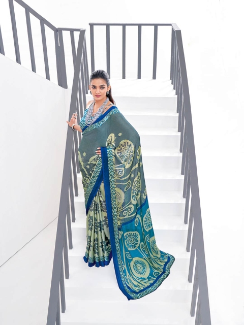 

Shaily Grey & Blue Floral Pure Chiffon Saree