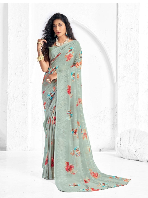 

Shaily Grey & Red Floral Pure Georgette Saree