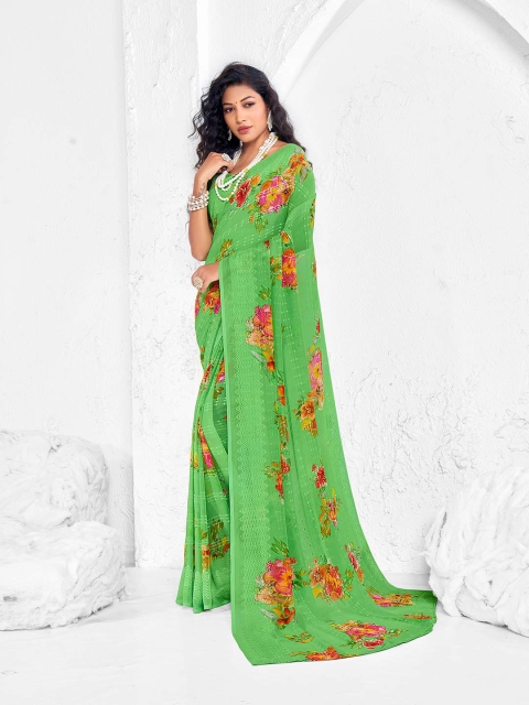 

Shaily Green & Pink Floral Schifli Work Pure Georgette Saree