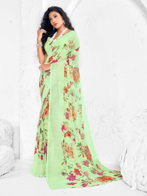

Shaily Green & Pink Floral Sequinned Pure Georgette Saree