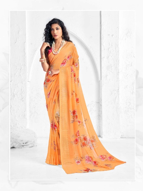 

Shaily Orange & Pink Floral Zari Pure Georgette Saree