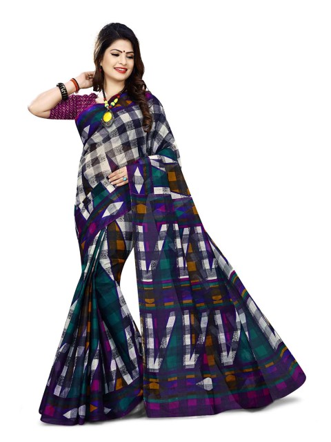 

SHANVIKA Blue & Green Checked Pure Cotton Ready to Wear Block Print Saree