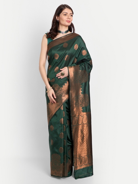 

CHAMPAVALI Women Green & Gold-Toned Woven Design Zari Pure Silk Banarasi Saree