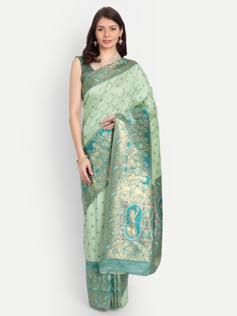 

CHAMPAVALI Lime Green & Red Ethnic Motifs Zari Pure Silk Banarasi Saree