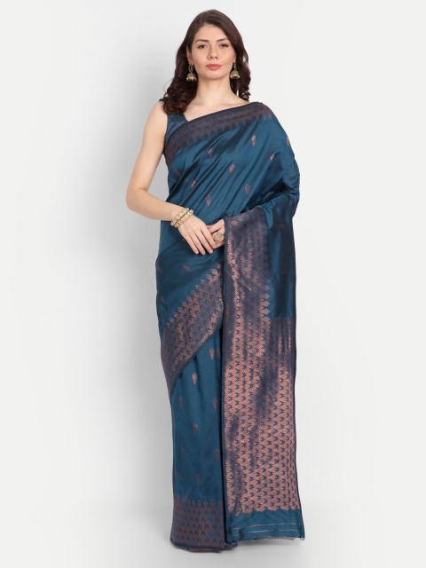 

CHAMPAVALI Teal & Copper-Toned Woven Design Zari Pure Silk Banarasi Saree