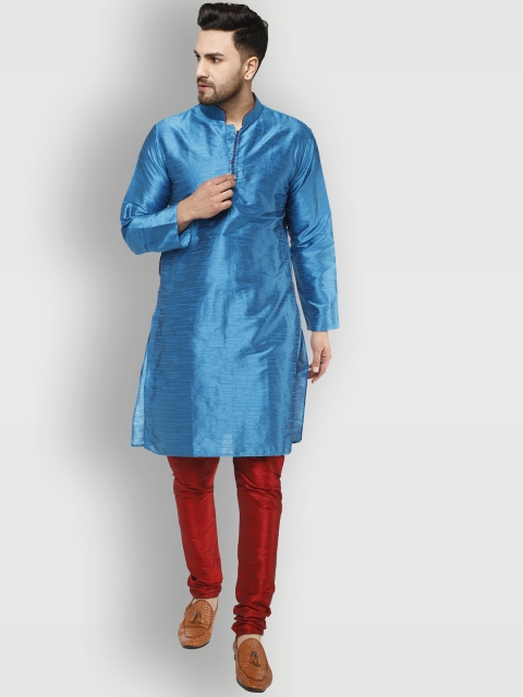 

Enciger Men Turquoise Blue Dupion Silk Solid Kurta with Churidar
