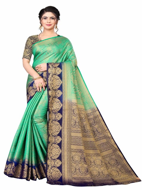 

MOKSHA DESIGNS Women Blue & Green Woven Design Pure Silk Kanjeevaram Saree