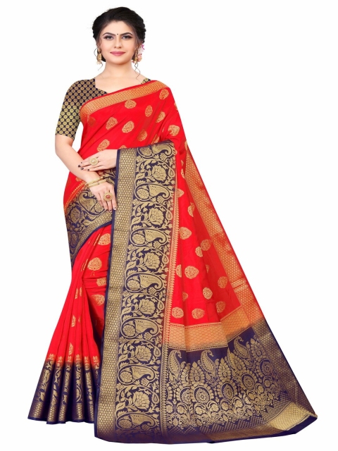 

MOKSHA DESIGNS Red & Blue Floral Zari Pure Silk Kanjeevaram Saree