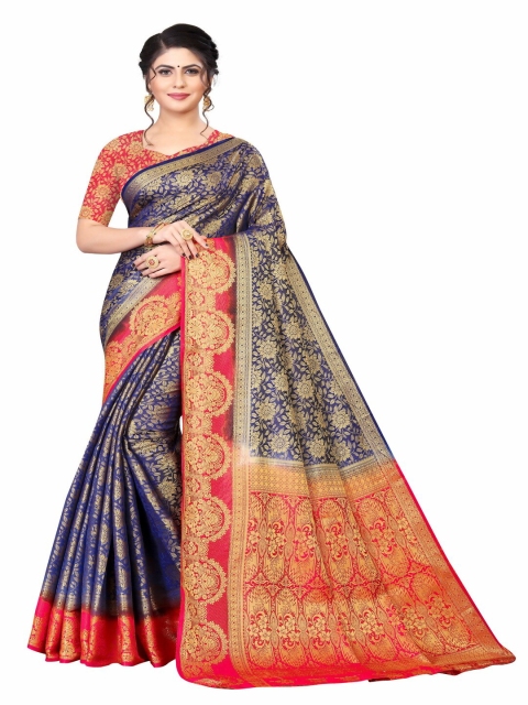 

MOKSHA DESIGNS Navy Blue & Orange Woven Design Zari Pure Silk Kanjeevaram Saree