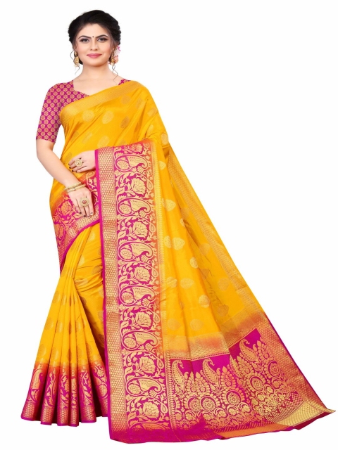 

MOKSHA DESIGNS Yellow & Pink Woven Design Zari Pure Silk Kanjeevaram Saree