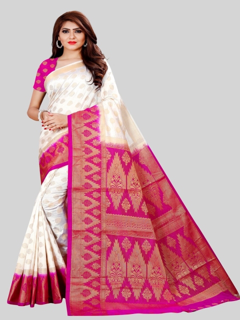 

MOKSHA DESIGNS Women White & Pink Woven Design Zari Pure Silk Kanjeevaram Saree