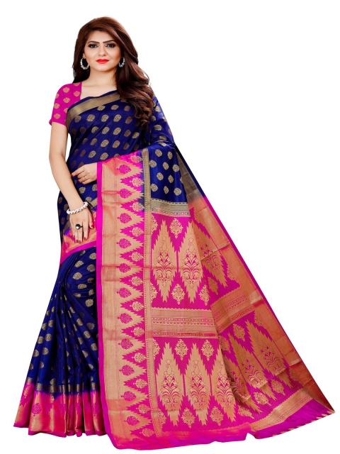 

MOKSHA DESIGNS Navy Blue & Pink Ethnic Motifs Zari Pure Silk Kanjeevaram Saree