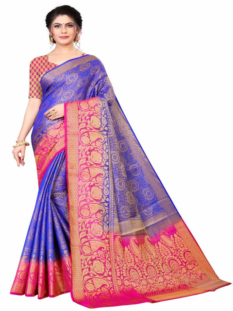 

MOKSHA DESIGNS Navy Blue & Orange Woven Design Pure Silk Kanjeevaram Saree
