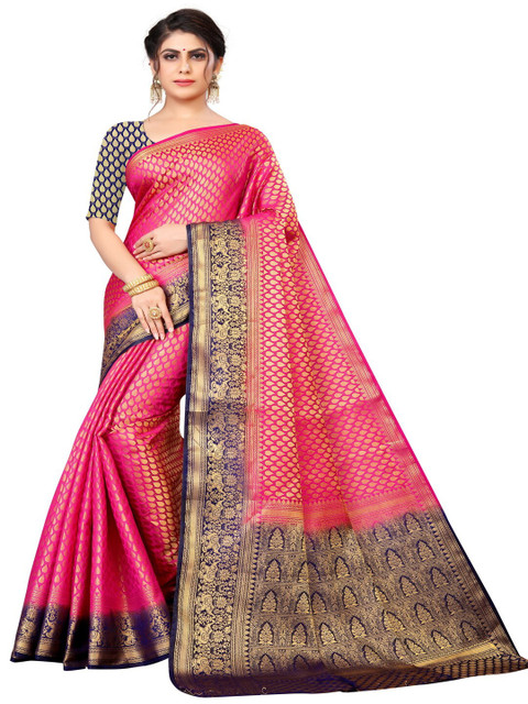 

MOKSHA DESIGNS Pink & Navy Blue Woven Design Zari Pure Silk Kanjeevaram Saree