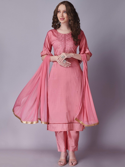 

Fashion FRICKS Women Pink Embroidered Pure Silk Kurta with Trousers & With Dupatta