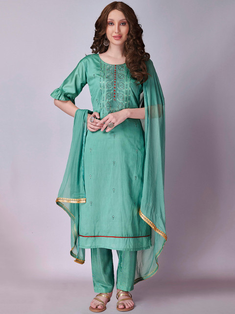 

Fashion FRICKS Women Blue Embroidered Pure Silk Kurta with Trousers & With Dupatta