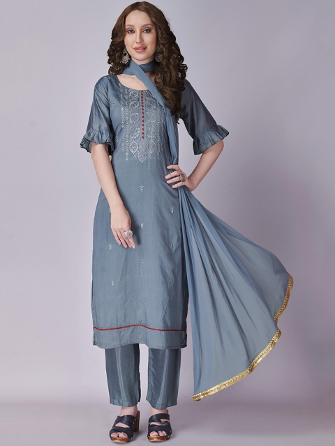 

Fashion FRICKS Women Blue Embroidered Pure Silk Kurta with Trousers & With Dupatta