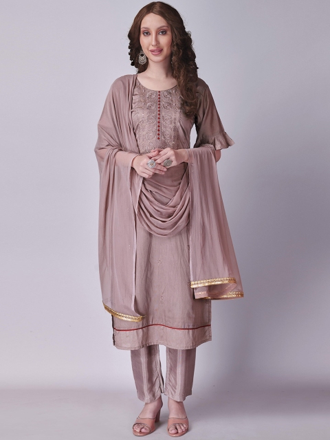 

Fashion FRICKS Women Brown Embroidered Pure Silk Kurta with Trousers & With Dupatta