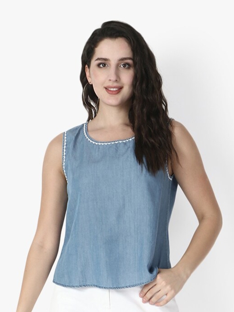 

Again fashions Women Blue & White Embroidered Denim Top