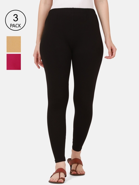 

BUY NEW TREND Women Pack Of 3 Solid Pink, Black and Beige Ankle-Length Leggings