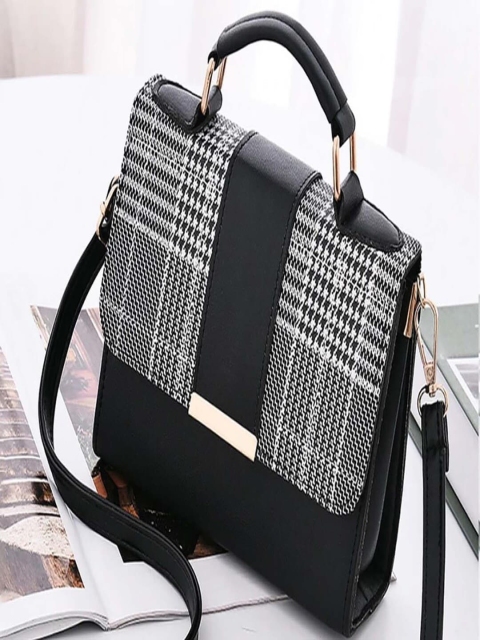 

LIKAA Black Checked PU Structured Handheld Bag