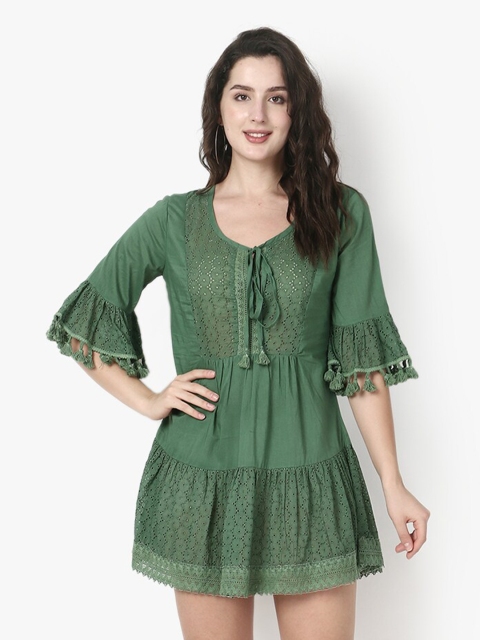 

Again fashions Green Solid Tie-Up Neck A-Line Mini Dress