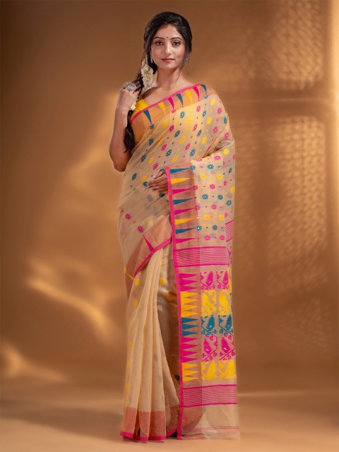 

Arhi Beige & Red Ethnic Motifs Silk Cotton Jamdani Saree