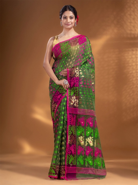 

Arhi Green & Red Paisley Silk Cotton Jamdani Saree