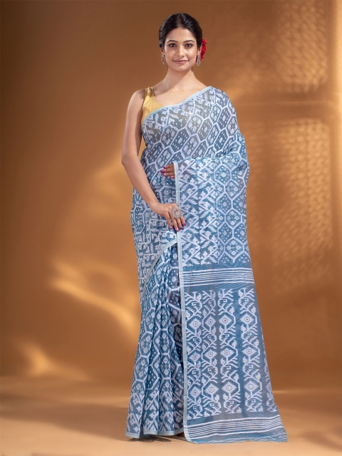 

Arhi Women Blue & White Woven Design Silk Cotton Jamdani Saree