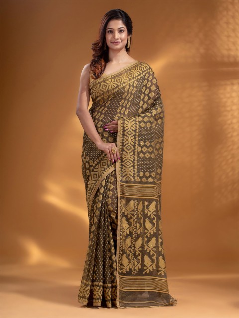 

Arhi Brown & Orange Woven Design Zari Silk Cotton Jamdani Saree