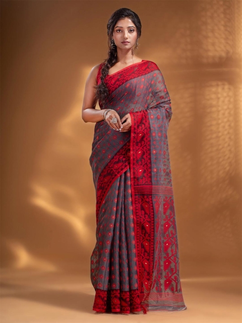 

Arhi Grey & Red Woven Design Silk Cotton Jamdani Saree