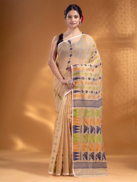 

Arhi Cream-Coloured & Green Woven Design Zari Silk Cotton Jamdani Saree